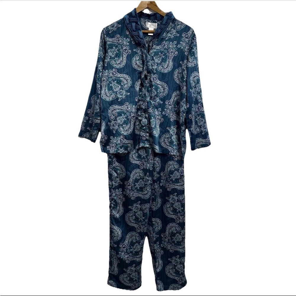 Cabernet Sleepwear Pajama Set Women XS Teal Paisley Floral Polyester Button Up